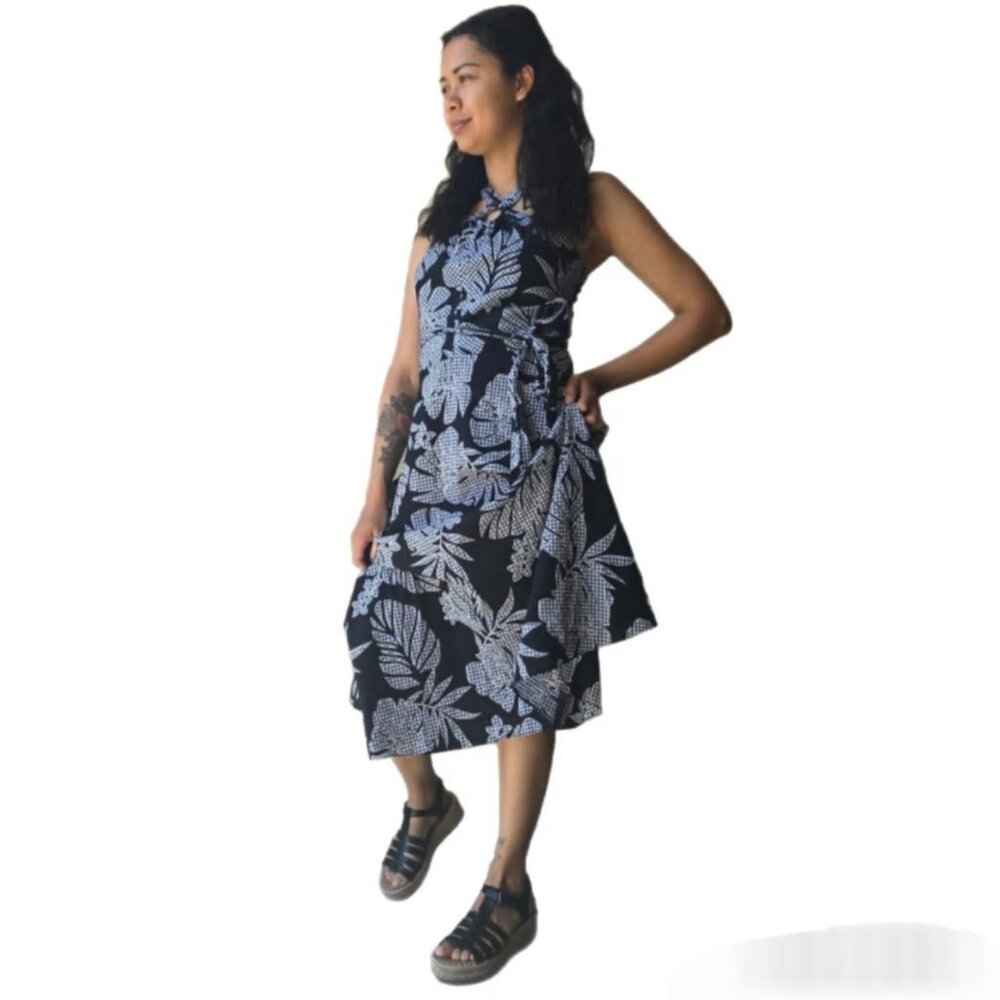 Checkered Leaf Print Sun Dress